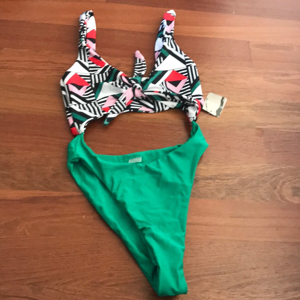 Geometric high cut, tie front one piece